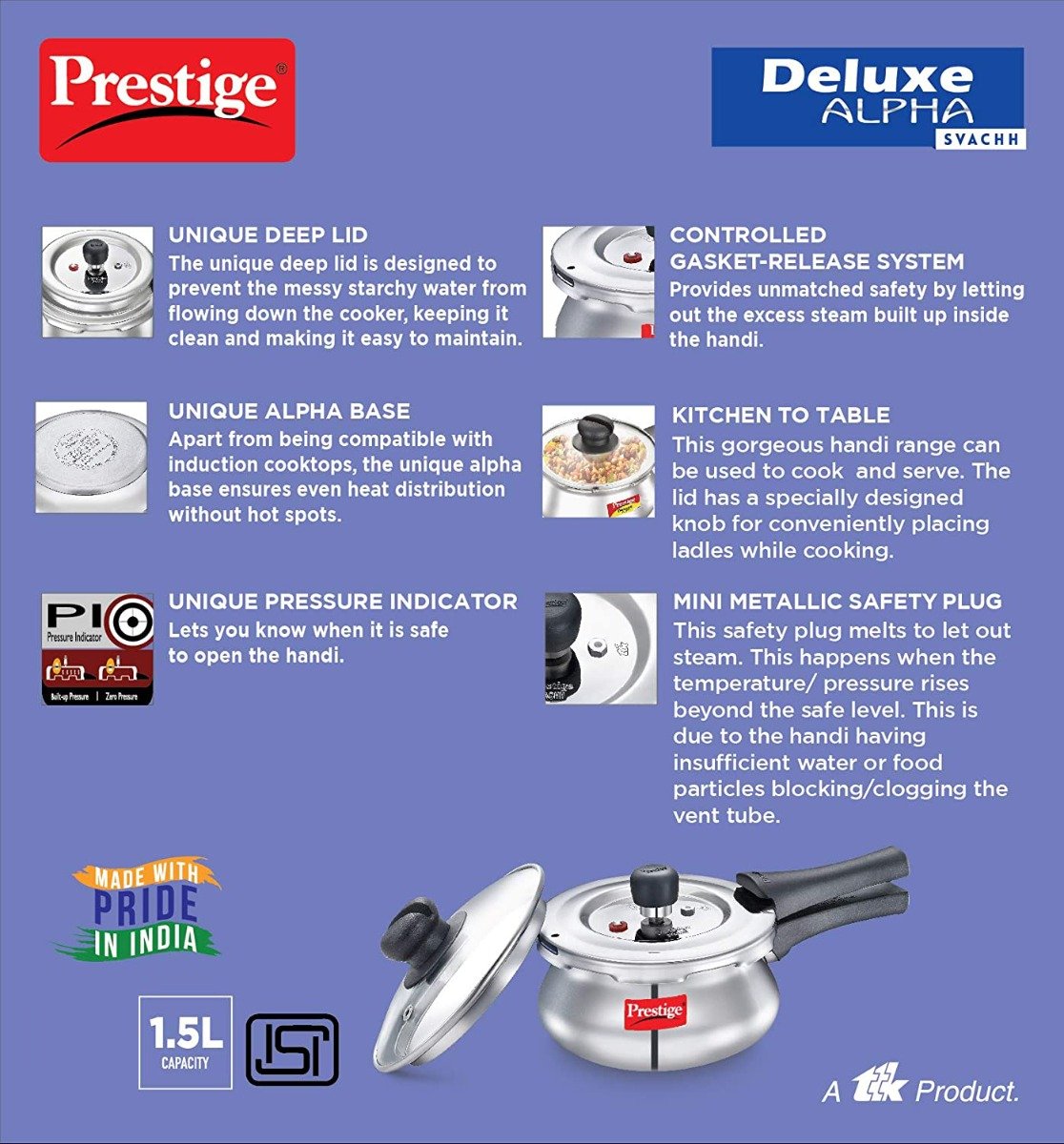 "PRESTIGE" DELUXE ALPHA SVACHH STAINLESS STEEL PRESSURE COOKER 1.5L WITH GLASS LID