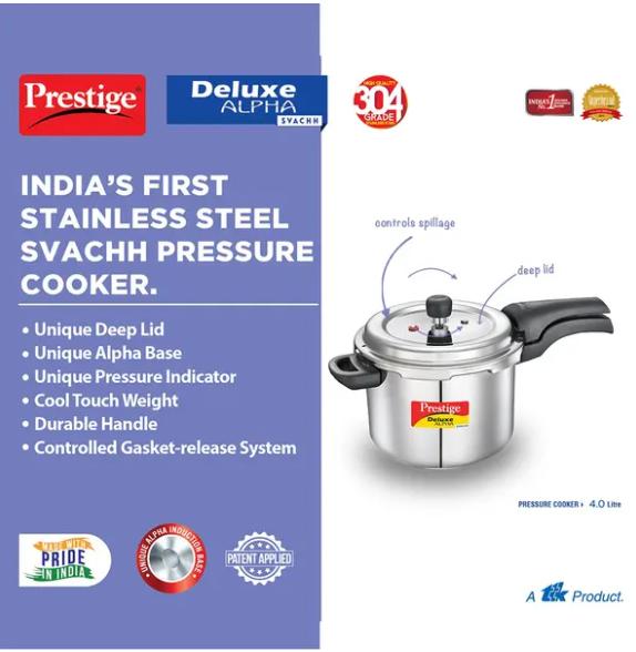"PRESTIGE" DELUXE ALPHA SVACHH PRESSURE COOKER 4L