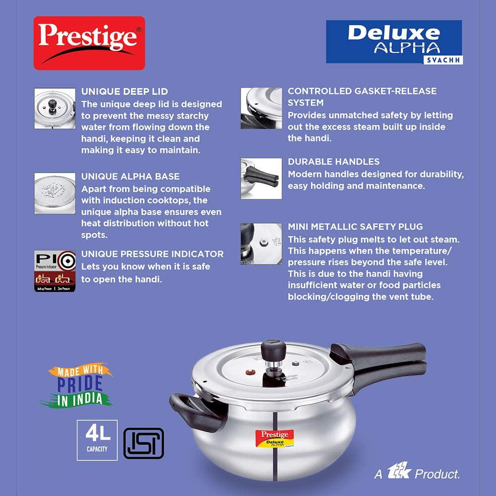 "PRESTIGE" DELUXE SVACHH ALPHA PRESSURE COOKER HANDI 4L