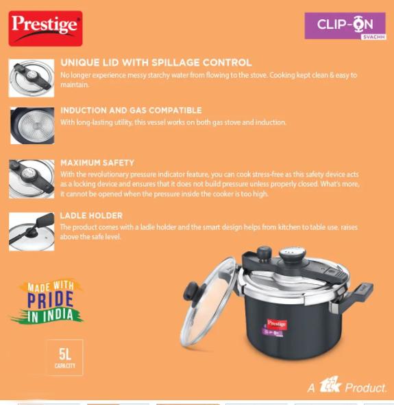 "PRESTIGE" CLIP-ON SVACHH HARD ANODISED PRESSURE COOKER 5 L