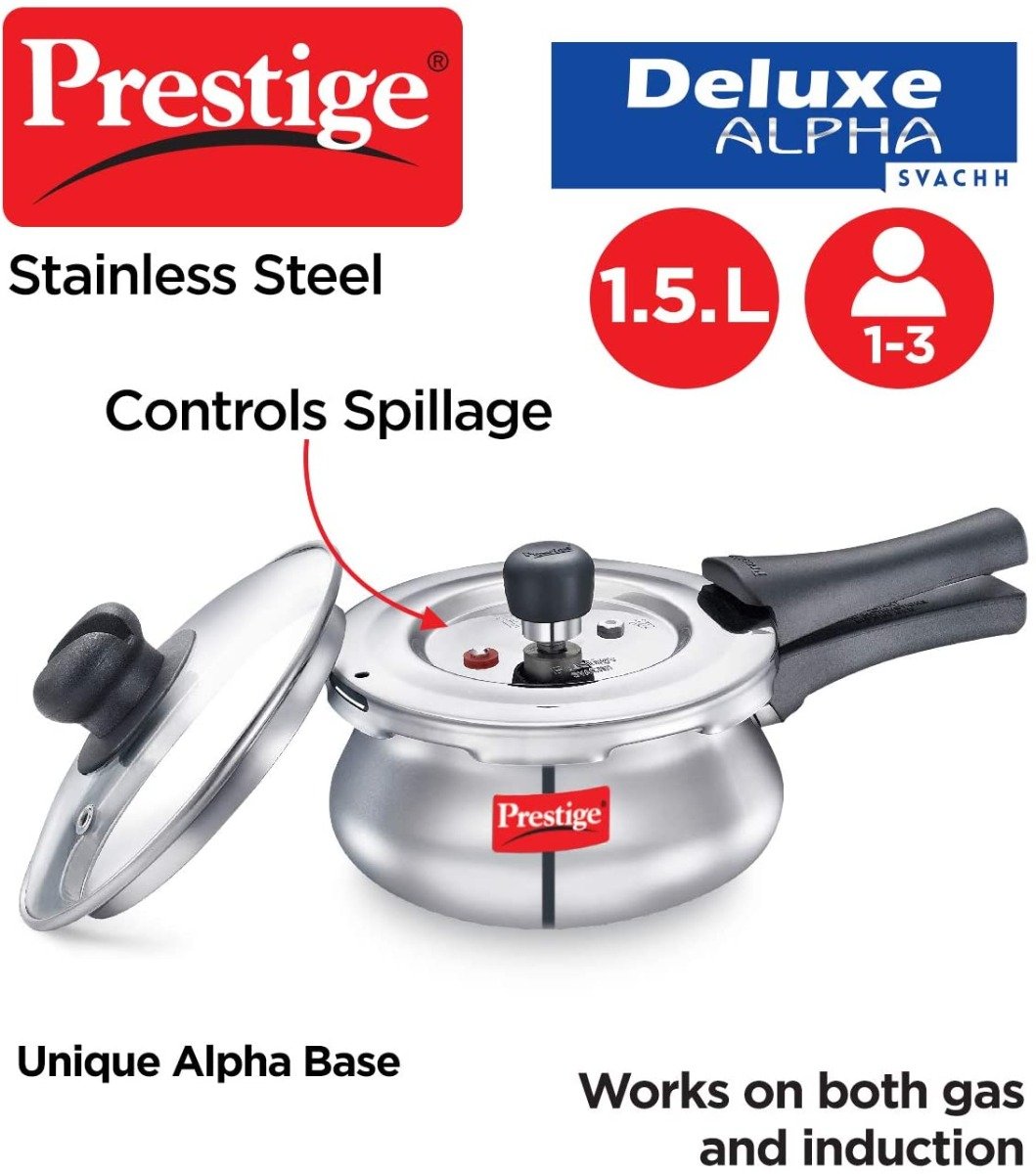 "PRESTIGE" DELUXE ALPHA SVACHH STAINLESS STEEL PRESSURE COOKER 1.5L WITH GLASS LID