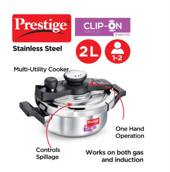 "PRESTIGE" CLIP-ON MINI STAINLESS STEEL PRESSURE COOKER 2L WITH LID