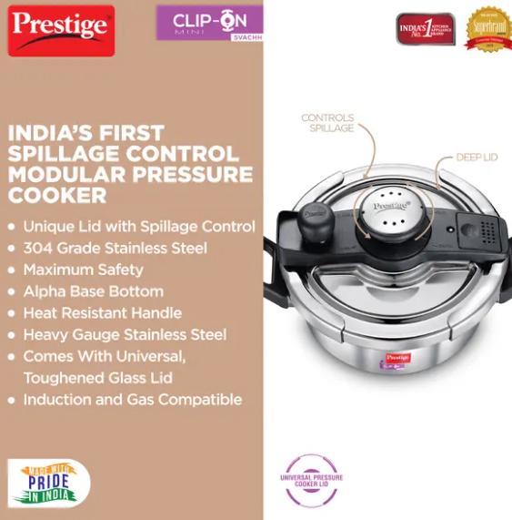 "PRESTIGE" CLIP-ON MINI STAINLESS STEEL PRESSURE COOKER 2L WITH LID