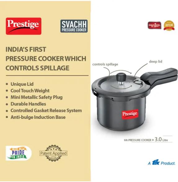 "PRESTIGE" SVACHH HARD ANODISED PRESSURE COOKER 3L